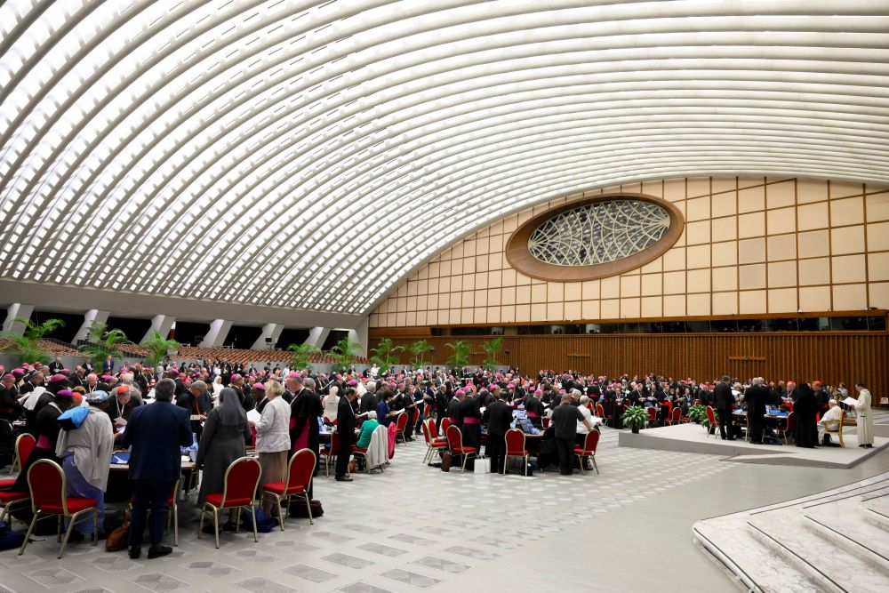 Pope Francis and members of the Synod of Bishops on synodality offer a prayer of thanks to God after the synod's final working session Oct. 26, 2024, in the Paul VI Audience Hall at the Vatican. (CNS/Vatican Media)