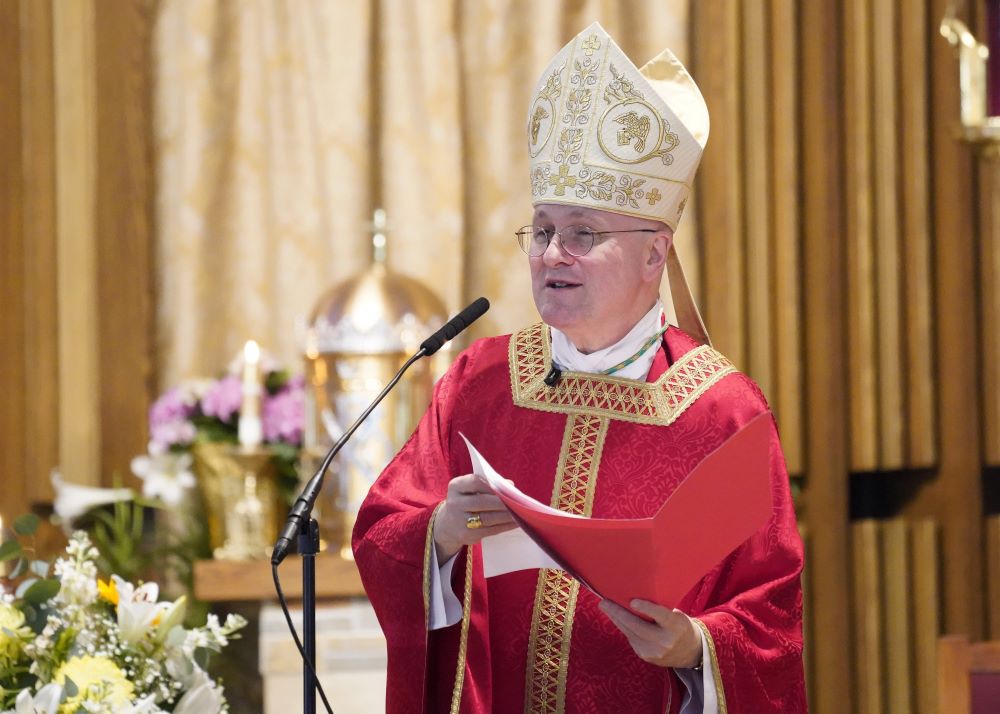 Auxiliary Bishop James Massa of Brooklyn, N.Y., addresses confirmation candidates during Mass May 5, 2022, at Holy Family Church in Queens, N.Y. (OSV News/Gregory A. Shemitz)