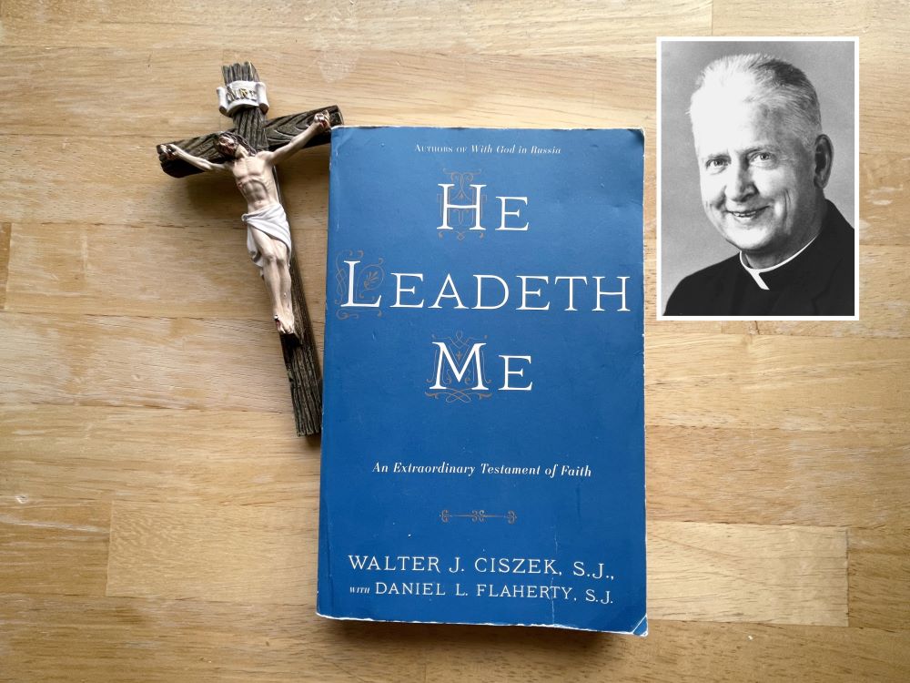 A composite image features the book "He Leadeth Me" by Jesuit Fr. Walter Ciszek and a photo of Ciszek. The Polish American priest ministered for years in Soviet captivity. (OSV News photo/Megan Marley/A.D. Times)