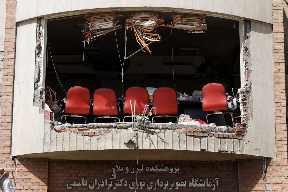 Chairs stand in a damaged building at Shahid Beheshti University in Tehran, Iran, April 4, 2026, amid the U.S.-Israeli war with Iran. (OSV News photo/Reuters/Majid Asgaripour, WANA)