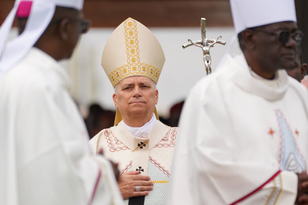 Pope Leo XIV walks in a procession during Mass at Yaoundé-Ville Air Base in Yaoundé, Cameroon, April 18, 2026. (CNS/Lola Gomez)