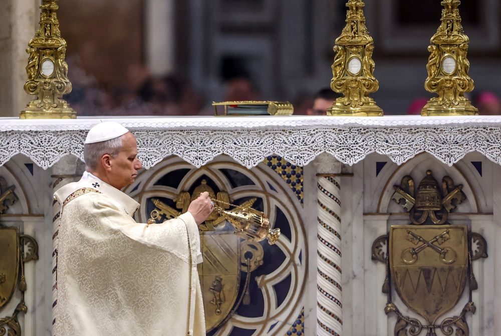Pope Leo XIV swings the censer near the altar as he celebrates the Holy Thursday Mass of the Lord's Supper in the Basilica of St. John Lateran at the Vatican April 2, 2026. (OSV News/Reuters/Vincenzo Livieri)