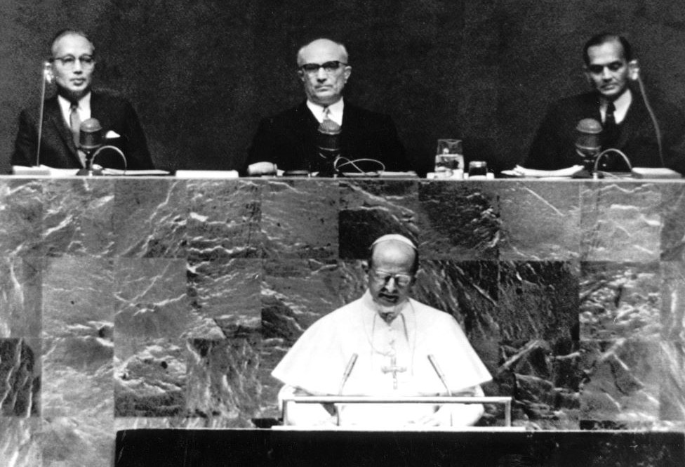 Pope Paul VI pleads for world peace before the United Nations General Assembly on Oct. 4, 1965. Behind him are (from left) U.N Secretary-General U Thant of Burma, Assembly President Amintore Fanfani of Italy and Under-Secretary for General Assembly C.V. Narasimhan. In his speech, Paul said, "Never again war, never again war!" (CNS file photo)