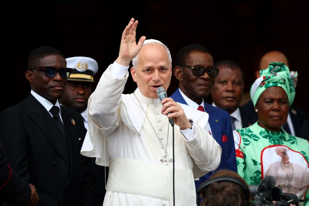 Pope Leo XIV blesses the faithful as he arrives to celebrate Mass at the Basilica of the Immaculate Conception in Mongomo, Equatorial Guinea, April 22, 2026. (OSV News/Reuters/Guglielmo Mangiapane)