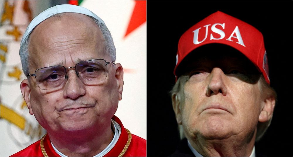 A combination picture shows Pope Leo XIV speaking in at the cultural center of the Great Mosque of Algiers in April 13, 2026, and U.S. President Donald Trump after disembarking Air Force One at Joint Base Andrews in Maryland April 12, 2026. (OSV News/Guglielmo Mangiapane; Reuters/Kevin Lamarque)