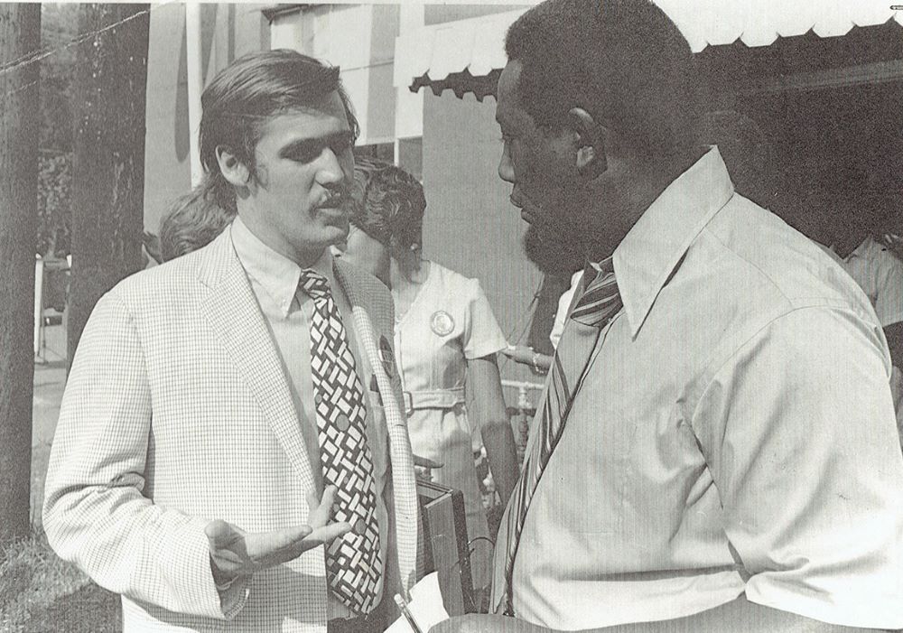 Longtime NCR contributor Jason Berry is pictured with Mississippi politician Charles Evers in 1971. "Conversations with Jason Berry," published by University Press of Mississippi as part of their Literary Conversations series, compiles 23 interviews in which Berry reflects on the forces that have shaped his work. (Courtesy of Jason Berry)