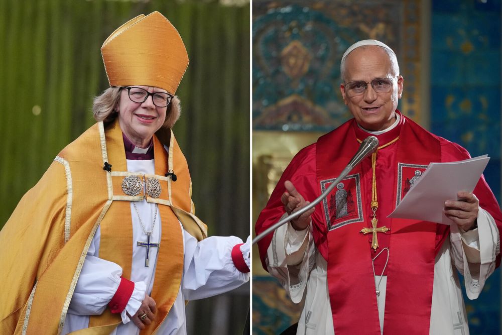 Sarah Mullally, left, on March 25, 2026, and Pope Leo XIV on April 13, 2026 (RNS/AP)