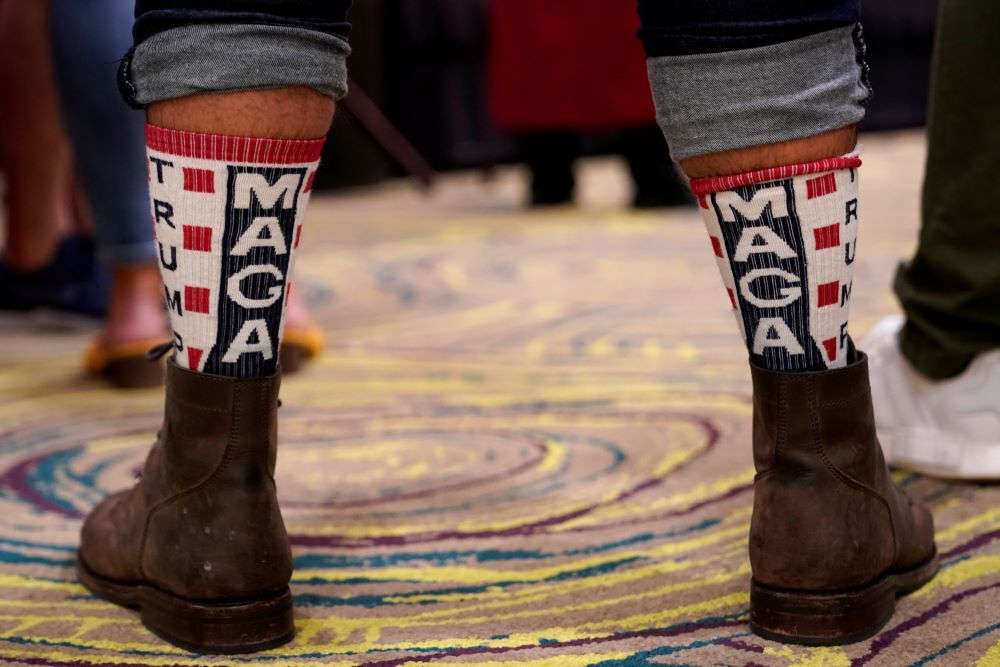A supporter of President Donald Trump wears "MAGA" socks at the Oklahoma GOP watch party in Edmond, Okla., Nov. 3, 2020. (CNS/Reuters/Nick Oxford)