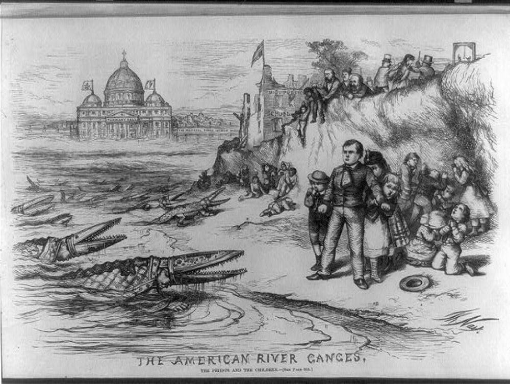 This anti-Catholic cartoon bv Thomas Nast was published in Harper's Weekly in 1871. (Library of Congress)