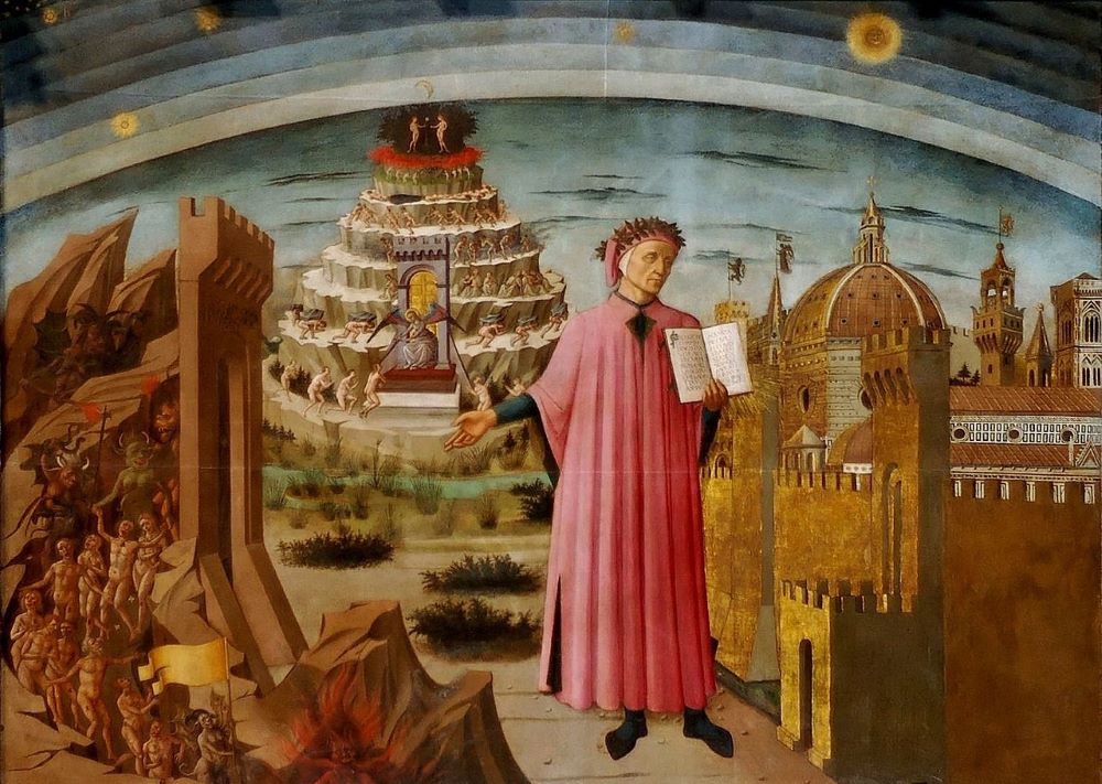 Domenico di Michelino's 1465 fresco at the Cathedral of Santa Maria del Fiore depicts the poet Dante Alighieri holding a copy of "The Divine Comedy," next to the entrance to Hell, the seven terraces of Mount Purgatory and the city of Florence, with the spheres of heaven above. (Wikimedia Commons/public domain/Jastrow)