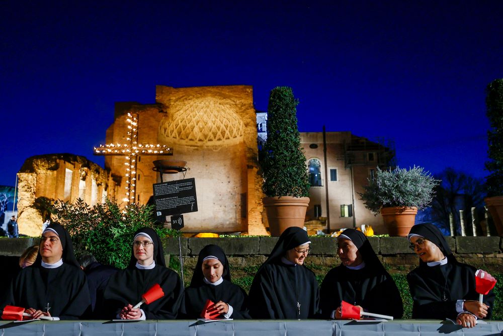 Nuns gather outside the Colosseum ahead of the Way of the Cross procession presided over by Pope Leo XIV during Good Friday celebrations in Rome April 3. (OSV News/Reuters/Vincenzo Livieri)
