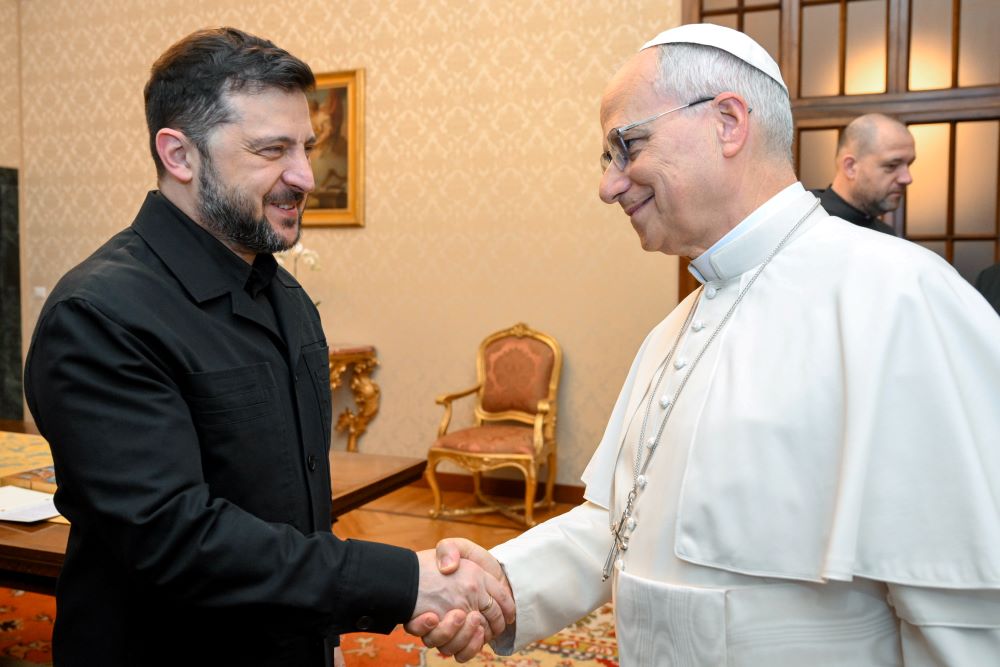Ukrainian President Volodymyr Zelenskyy greets Pope Leo XIV during a meeting at the papal residence in Castel Gandolfo Dec. 9, 2025. The two spoke by phone April 3. (CNS/Vatican Media)