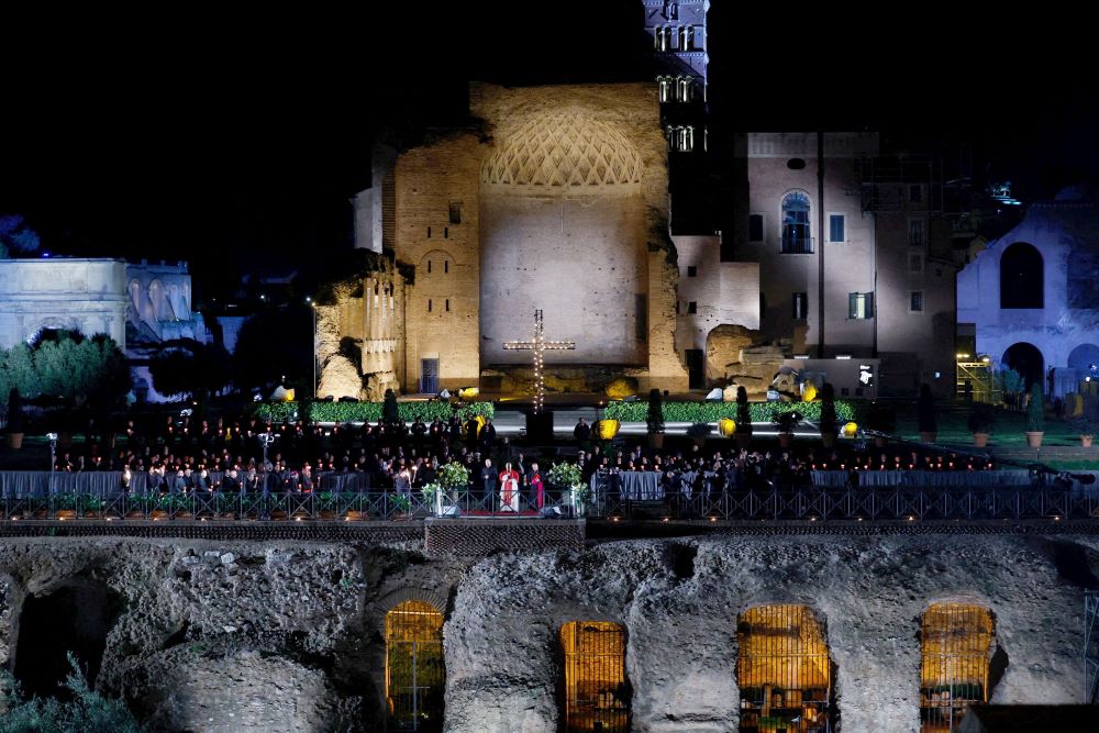 Pope Leo XIV leads the Way of the Cross at the Colosseum in Rome April 3, 2026. (OSV News/Reuters/Remo Casilli)