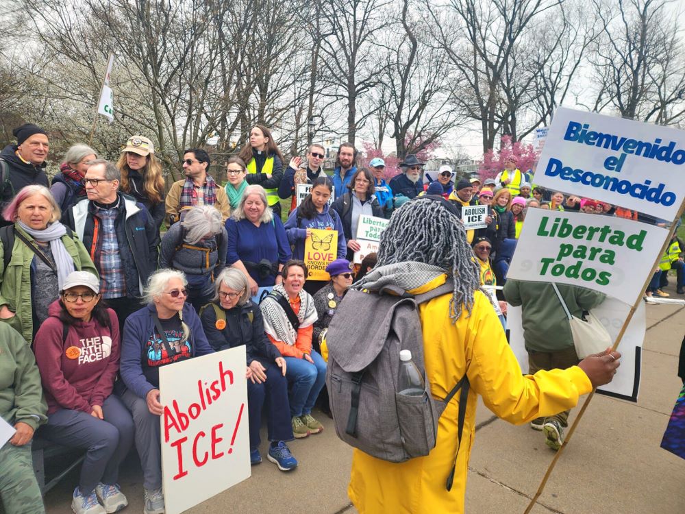 People prepare for a Good Friday pilgrimage to Delaney Hall, a 1,100-bed ICE immigrant detention facility in Newark, N.J., Friday, April 3, 2026. (RNS/Courtesy of Pax Christi/Kathy O'Leary)