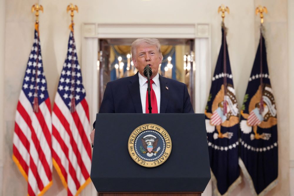 U.S. President Donald Trump delivers a speech at the White House April 1, 2026, about the U.S.-Israeli war with Iran. (OSV News photo/Alex Brandon pool via Reuters)