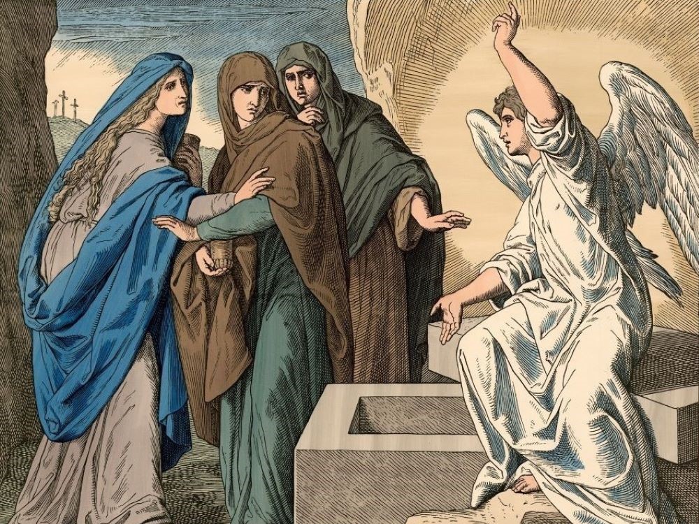 "An angel declareth the resurrection of Christ" (1888) by Julius Schnorr von Carolsfeld (Artvee)