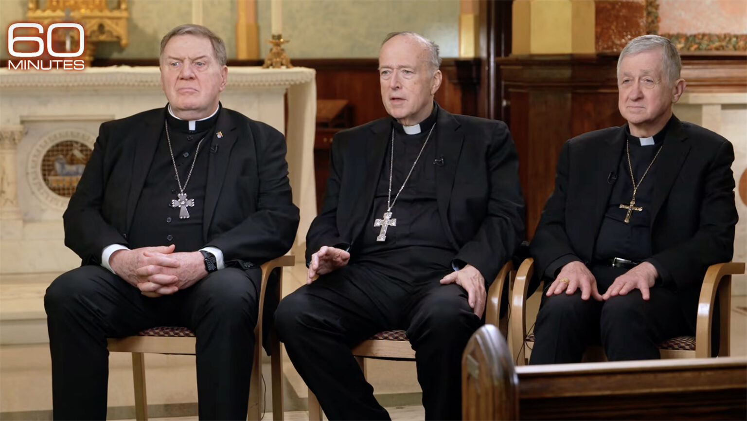 Cardinals Joseph Tobin of Newark, N.J., from left, Robert McElroy of Washington and Blase Cupich of Chicago in a joint interview with CBS’ Norah O’Donnell on “60 Minutes,” April 12, 2026. 