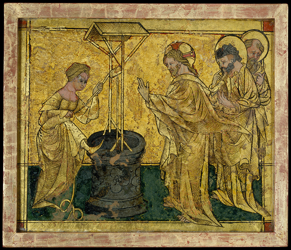 "Jesus and the Samaritan Woman at the Well," a possibly southwest German, ca. 1420 painting and etching on glass (Metropolitan Museum of Art)