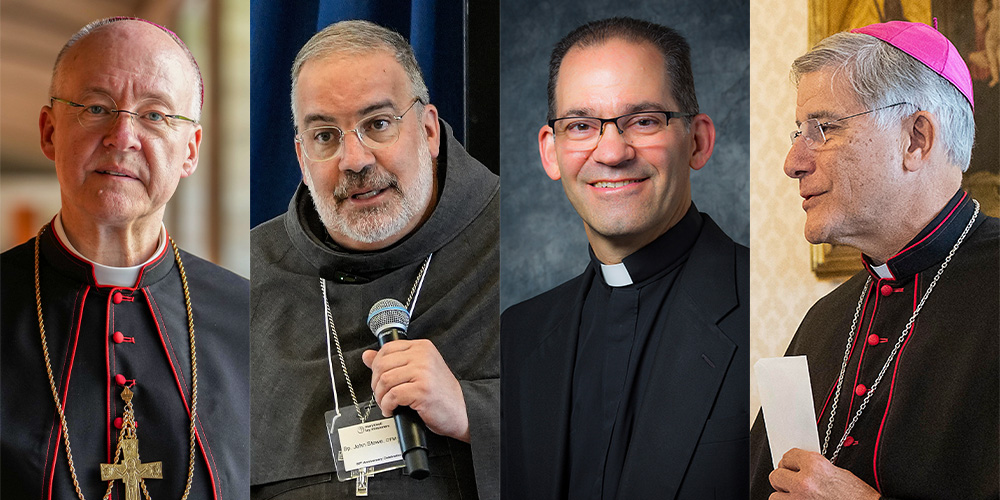 From left: Archbishop Jeffrey Grob of Milwaukee (CNS/Lola Gomez); Bishop John Stowe of Lexington, Ky. (OSV News/Gregory A. Shemitz); Auxiliary Bishop Michael Saporito of Newark, N.J. (CNS/Courtesy of Newark Archdiocese); Bishop Joseph Kopacz of Jackson, Miss. (CNS/Vatican Media)