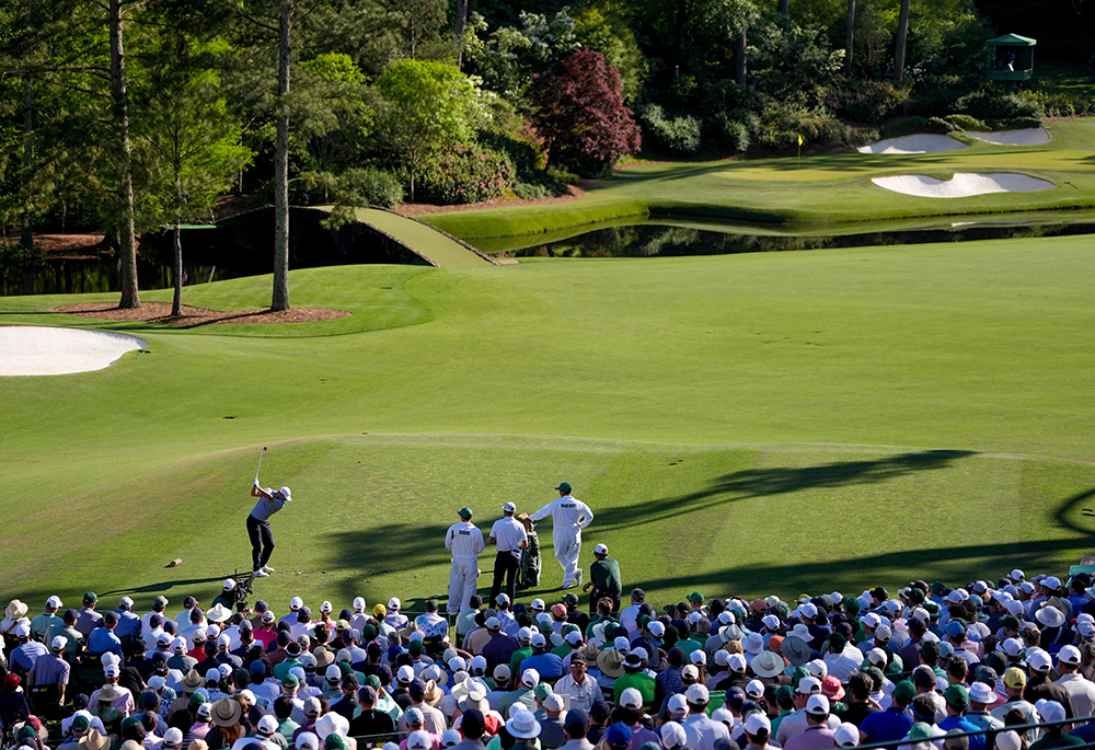 Rory McIlroy, of Northern Ireland, hits his tee shot on the 12th hole during the third round of the Masters golf tournament at the Augusta National Golf Club, Saturday, April 11, 2026, in Augusta, Georgia. (AP photo/Matt Slocum)