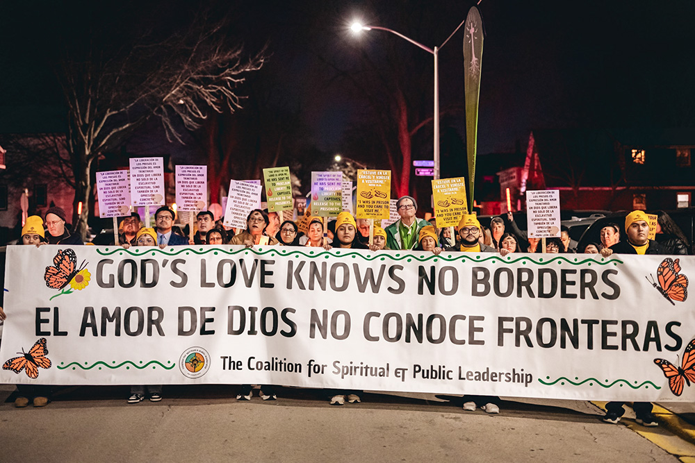 Chicago Catholics march in a procession in solidarity with ICE immigrant detainees after an outdoor Ash Wednesday Mass presided by Cardinal Blase Cupich of Chicago, Feb. 18, 2026. (Courtesy of Coalition for Spiritual and Public Leadership/Derek Carter)