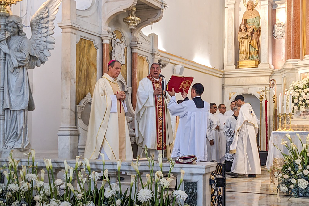 Panama City Archbishop José Domingo Ulloa, a leader with the Latin American and Caribbean Episcopal Council, speaks during Mass April 26, 2026, at the Cathedral Basilica of Santa Marta in Colombia. Also pictured is Santa Marta Bishop José Mario Bacci. (Courtesy of CIDSE/Pedro Guzman)
