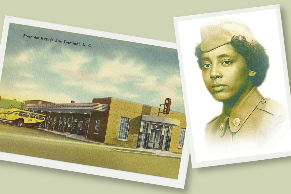 Right: Private First Class Sarah Keys in uniform in the 1950s (Wikimedia Commons/U.S. Army). Left: A postcard of the bus terminal in Roanoke Rapids, N.C., where Keys refused to give up her seat to a white Marine on an interstate bus. (Wikimedia Commons/State Archives of North Carolina).