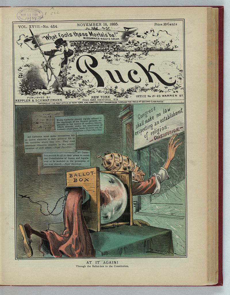 "At it again!" cover illustration by Eugene Zimmerman (1862-1935) from Puck, Vol. 18, No. 454, Nov. 18, 1885, published by Keppler & Schwarzmann (Library of Congress)