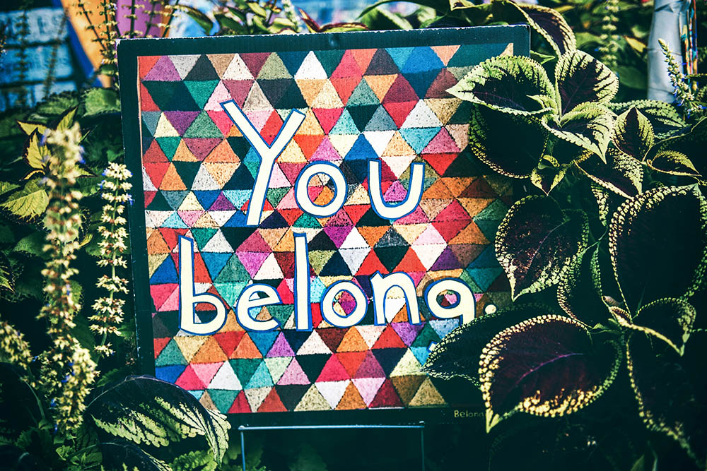 Colorful sign surrounded by plants says, "You belong" (Unsplash/Tim Mossholder)