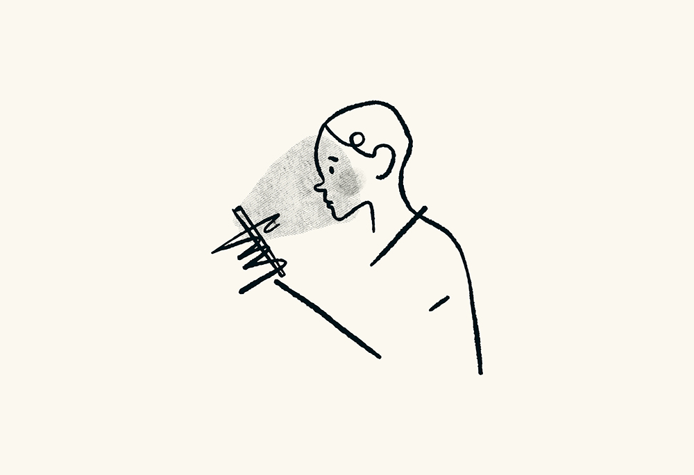 An illustration rendered in a black, line drawing style shows a person holding what appears to be a smartphone, as a gray bubble emits from the phone to the person's face, against an off-white background. (Unsplash/visuals)