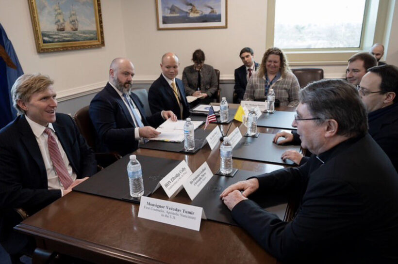 Under Secretary of War for Policy Elbridge Colby, left, meets with Cardinal Christophe Pierre, right, the outgoing apostolic nuncio, and their teams on Jan. 22, 2026, at the Pentagon. 