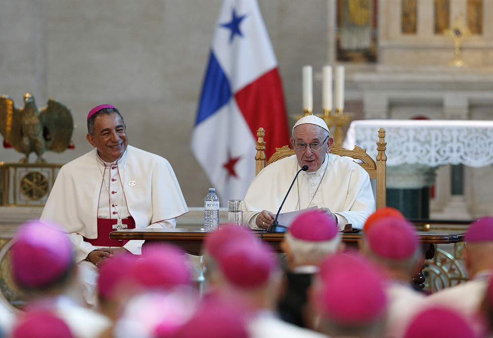 Pope Francis addresses Central American bishops during a meeting in the Church of St. Francis of Assisi in Panama City Jan. 24, 2019. At left is Archbishop Jose Domingo Ulloa Mendieta of Panama City. (CNS/Paul Haring)