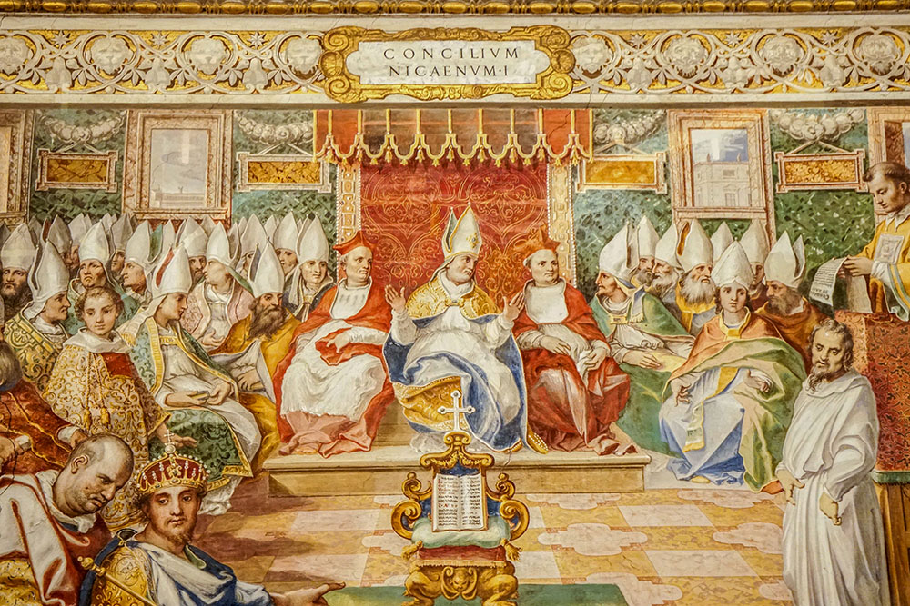 A fresco in the Sistine Hall of the Vatican Library depicts the First Council of Nicaea. (CNS/Carol Glatz)