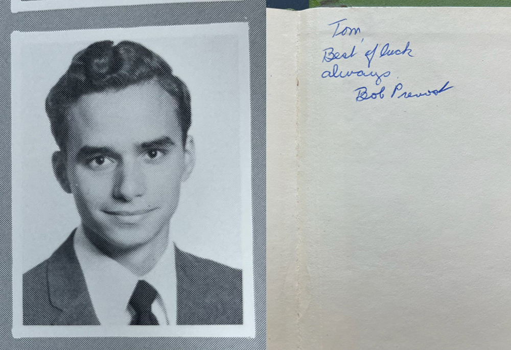 A photo of a young Robert Prevost, the future Pope Leo XIV, taken from his high school yearbook is seen next to his signature. He spent most of his childhood in the greater Chicago area, but he attended high school at the now-closed St. Augustine Seminary High School in Holland, Michigan. The former Cardinal Prevost, an Augustinian, was elected to the papacy May 8, 2025, becoming the first U.S. pope in history. (OSV News/Courtesy of Fr. Becket Franks)
