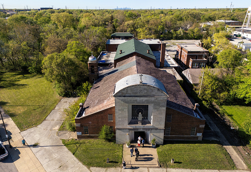 A drone view May 9, 2025, shows St. Mary of the Assumption Church at the very southern edge of Chicago, where Pope Leo XIV attended Mass with his family while he was growing up. (OSV News/Reuters/Carlos Osorio)