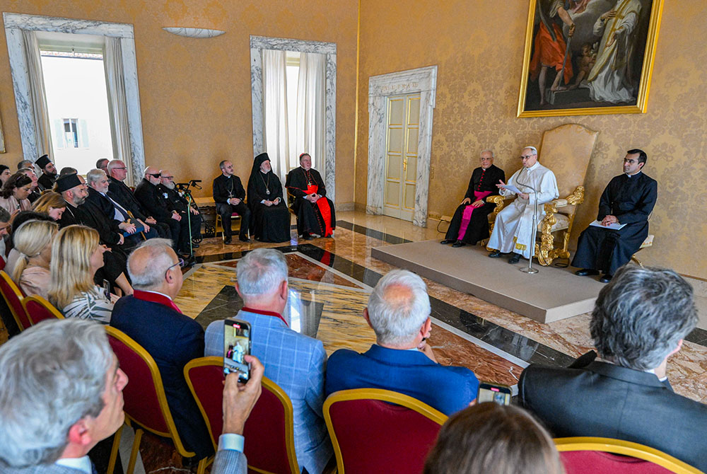 Pope Leo XIV meets with U.S. visitors at the papal villa in Castel Gandolfo, Italy, July 17, 2025. The group, led by Cardinal Joseph Tobin of Newark, New Jersey, and Greek Orthodox Archbishop Elpidophoros of America, was on an ecumenical pilgrimage to Rome, Istanbul and Iznik, Turkey, site of the ancient city of Nicaea. The journey commemorated both the Holy Year dedicated to hope and the 1,700th anniversary of the Council of Nicaea. (CNS/Vatican Media)