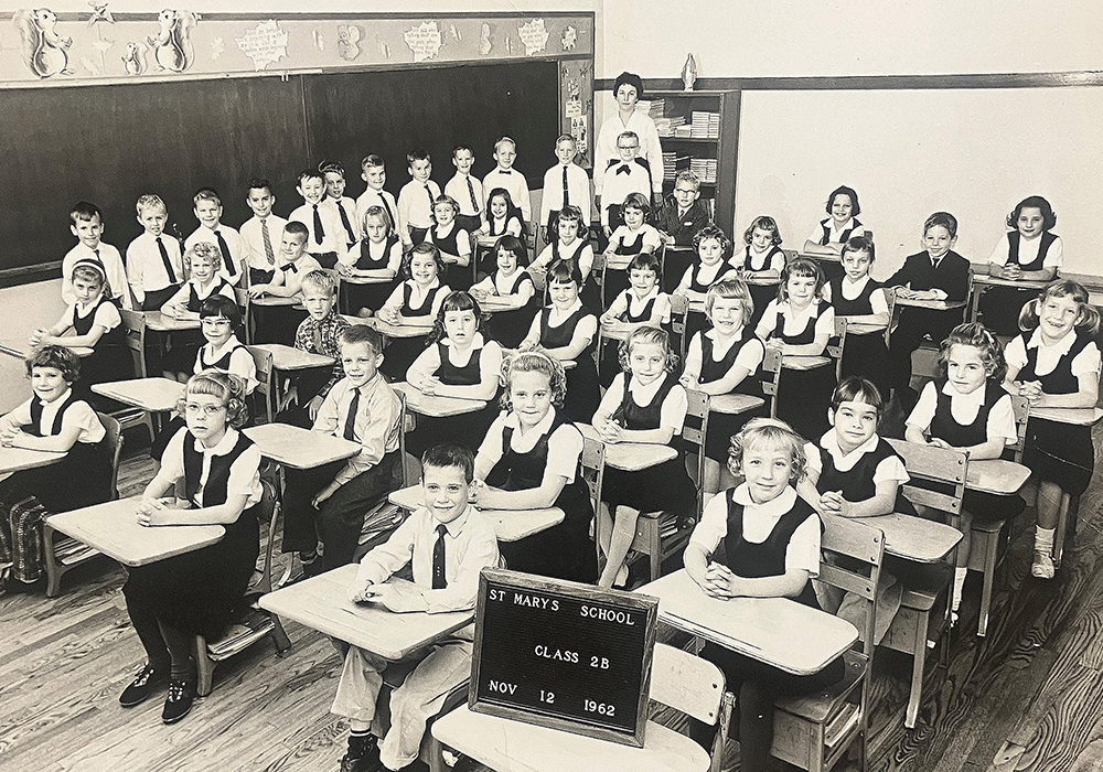 This photo shows the second-grade class of Robert Prevost, now Pope Leo XIV, at St. Mary of the Assumption School in Riverdale, Ill., in 1962. He is the fourth boy standing next to the blackboard. The Sisters of Christian Charity taught the future pope at the school. (OSV News/Courtesy of Province of the Sisters of Christian Charity in Mendham, New Jersey)