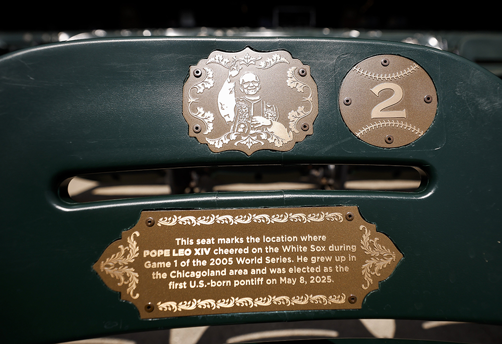 An Aug. 23, 2025, photo shows a plaque dedicated to Pope Leo XIV on a seat inside Rate Field, home of the Chicago White Sox baseball team. Since Aug. 22, 2025, baseball fans have been able to easily spot the stadium seat where Pope Leo, then-Augustinian Fr. Robert Francis Prevost, sat when he watched the first game of the 2005 World Series. (OSV News/Courtesy of the Chicago White Sox)