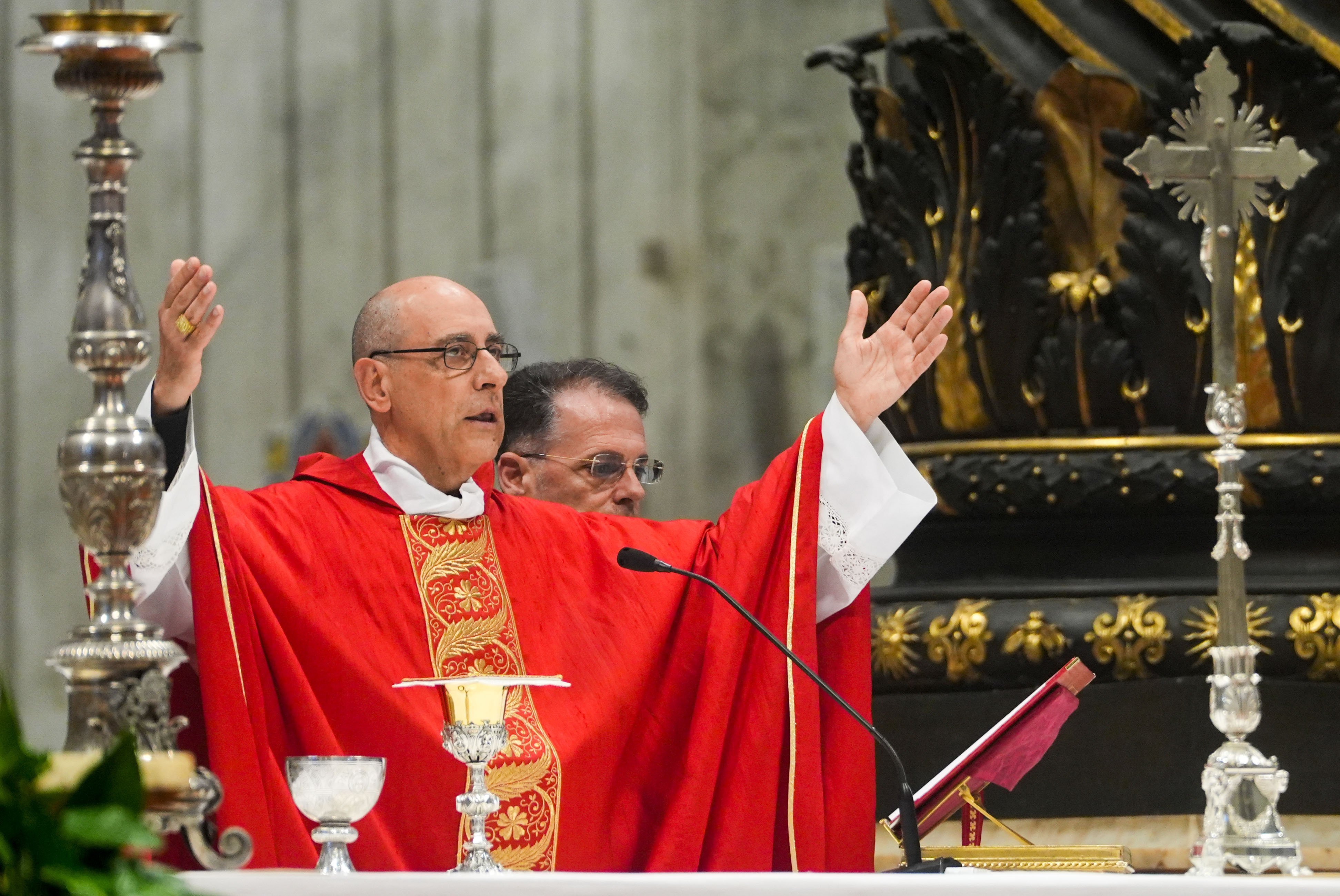 Cardinal Víctor Manuel Fernández, prefect of the Dicastery for the Doctrine of the Faith, celebrates Mass on the sixth day of the "novendiali," nine days of mourning for Pope Francis, at the Altar of the Confession in St. Peter's Basilica at the Vatican May 1, 2025. (CNS photo/Lola Gomez)