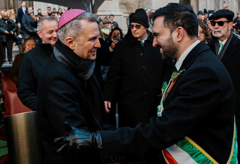 New York City Mayor Zohran Mamdani greets New York Archbishop Ronald A. Hicks during the 265th St. Patrick's Day Parade on Fifth Avenue, Manhattan, in New York City, March 17, 2026. (OSV News/Reuters/Eduardo Munoz)