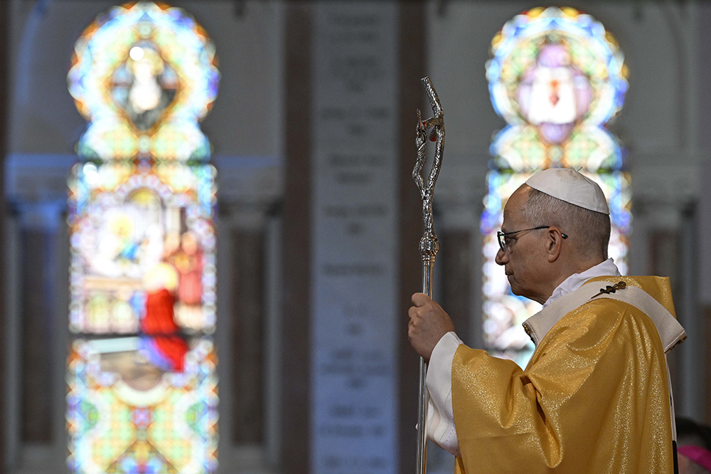 Pope Leo XIV stands with his crosier as he celebrates Mass at the Basilica of St. Augustine in Annaba, Algeria, April 14, 2026. (OSV News/Vatican Media/Simone Risoluti)
