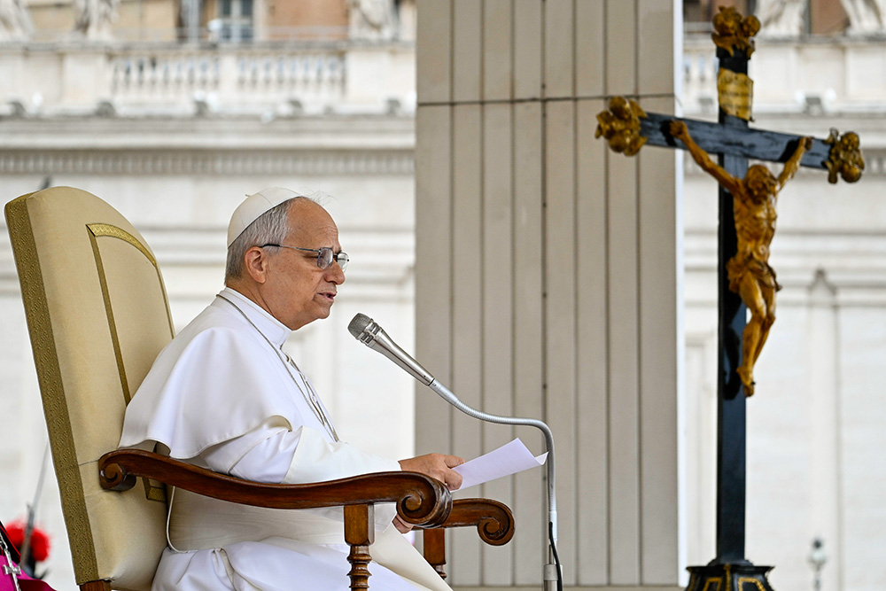 Pope Leo XIV delivers his remarks during his weekly general audience in St. Peter's Square at the Vatican May 6, 2026. (CNS/Vatican Media)