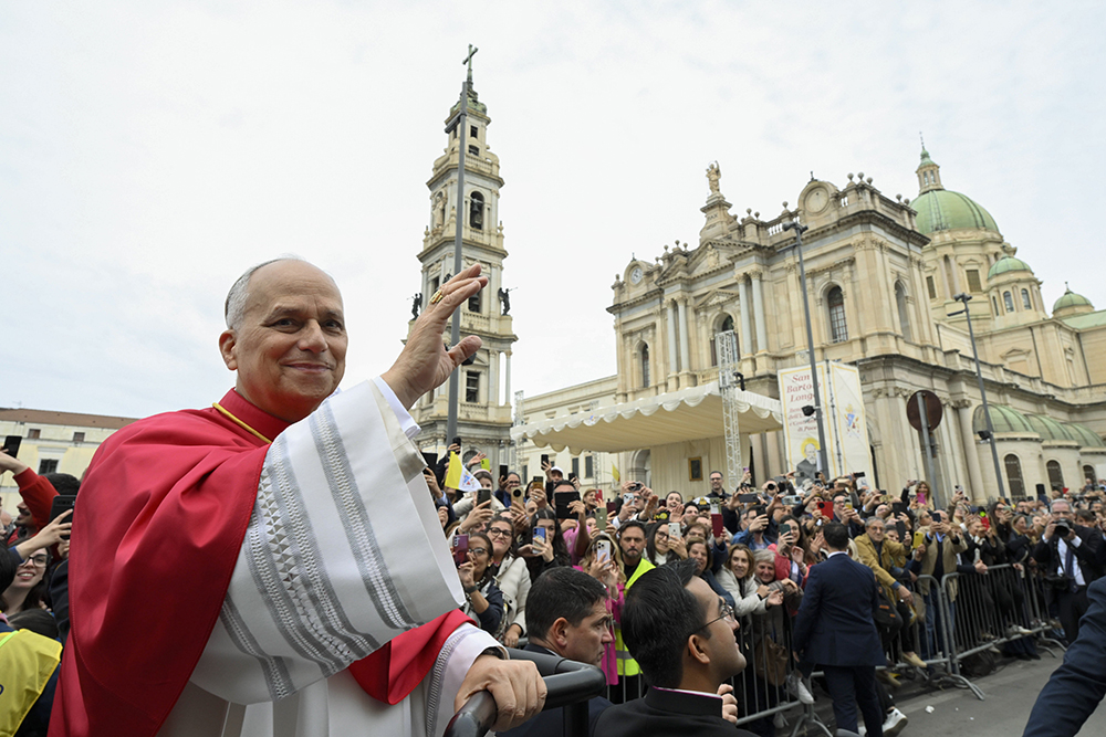 Pope Leo XIV arrives to celebrate Mass in Piazza Bartolo Longo in Piazza Bartolo Longo in front of the Pontifical Shrine of the Blessed Virgin of the Rosary of Pompeii near Naples, Italy, May 8, 2026, on the first anniversary of his election as the first U.S.-born pontiff. (OSV News/Vatican Media/Simone Risoluti)