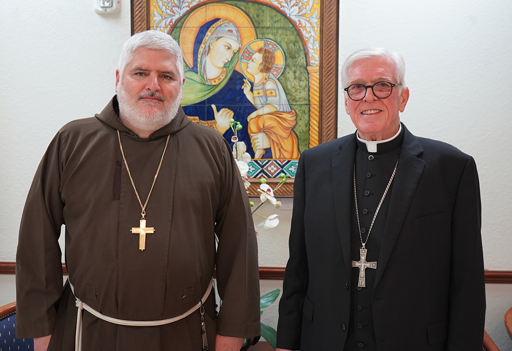Fr. Emilio Biosca Agüero, a Capuchin Franciscan missionary who served in Cuba and Papua New Guinea, and Bishop Frank J. Dewane of Venice, Florida, pose for a photo in Venice May 13, 2026, after it was announced that Pope Leo XIV has accepted the resignation of Dewane, 76, who had led the southwest Florida diocese since 2006, and appointed Biosca as the new bishop of Venice. (OSV News/Courtesy of Diocese of Venice)
