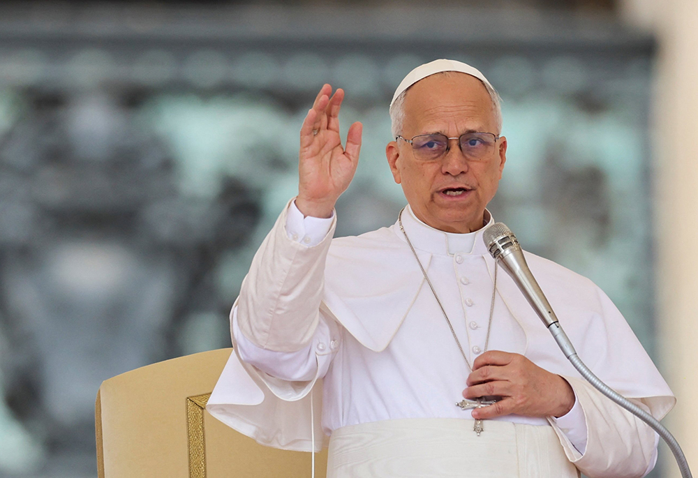 Pope Leo XIV gestures as he leads his weekly general audience in St. Peter's Square at the Vatican May 13, 2026. (OSV News/Reuters/Vincenzo Livieri)