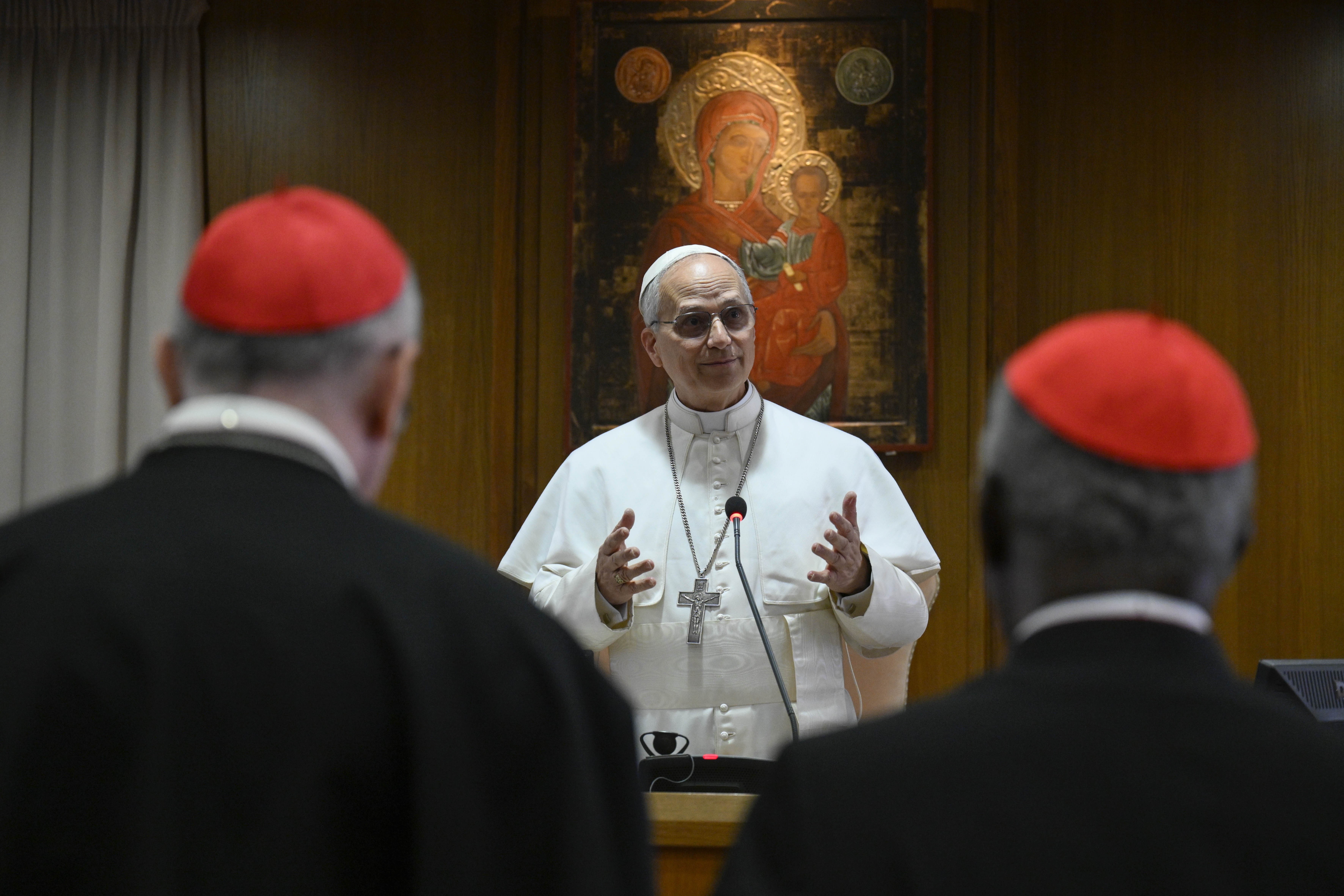 Pope Leo XIV speaks with the College of Cardinals in the New Synod Hall at the Vatican May 10, 2025, during his first formal address to the college since his election May 8. (CNS photo/Vatican Media)