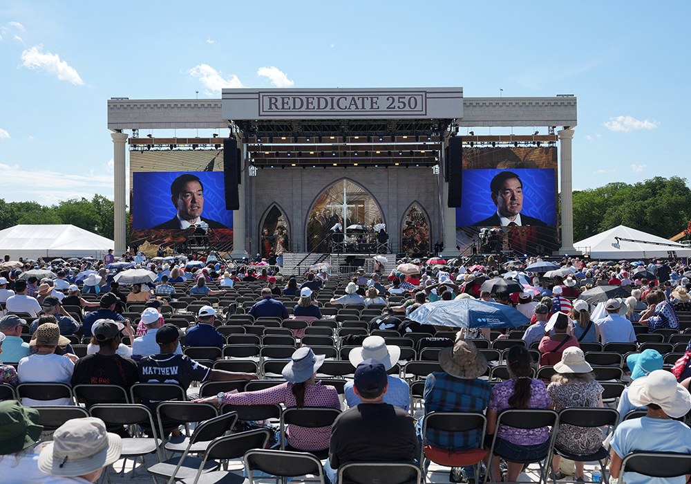 U.S. Secretary of State Marco Rubio appears on a screen at the "Rededicate 250: A National Jubilee of Prayer, Praise & Thanksgiving" event at the National Mall in Washington, May 17, 2026. (OSV News/Reuters/Eric Lee)