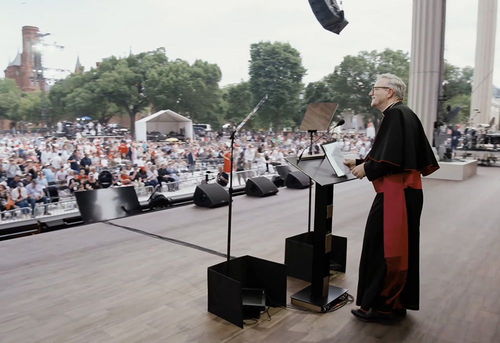 Bishop Robert E. Barron of Winona-Rochester, Minnesota, a member of the U.S. Religious Liberty Commission, speaks at the "Rededicate 250: A National Jubilee of Prayer, Praise & Thanksgiving" event at the National Mall in Washington, May 17, 2026. (OSV News screenshot)