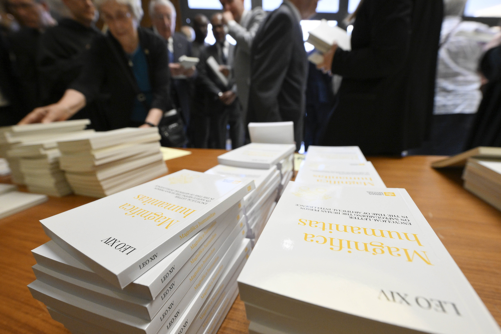 Copies of "Magnifica Humanitas" are seen at the Vatican's Synod Hall May 25, 2026, the first encyclical of Pope Leo XIV's papacy, which focuses on the rise of artificial intelligence. (OSV News/Vatican Media/Simone Risoluti)