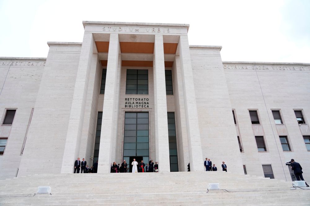 Pope Leo XIV visits the Città Universitaria (University City) at Sapienza University of Rome to meet with faculty and students at the institution's primary campus, one of the world's oldest and largest universities, May 14, 2026. (AP/Gregorio Borgia)